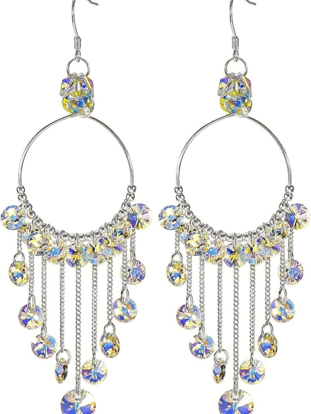 Boho 925 Sterling Silver Crystal Chandelier Hoop Earrings, Dangle Tassel Design